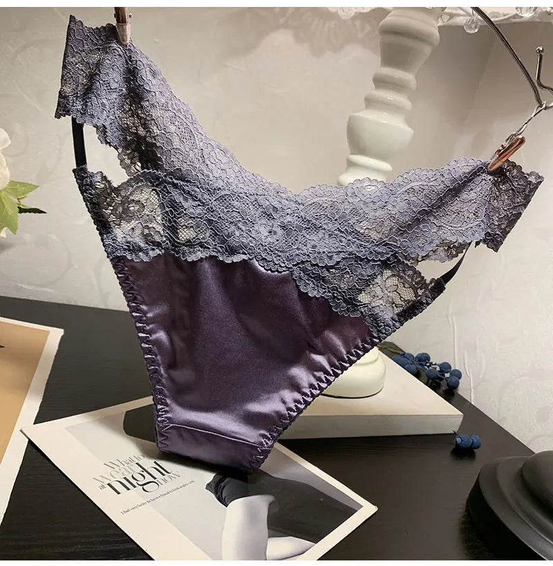 Women's Briefs Satin Lace Sexy Women's Underwear Low Waist Transparent Hollow Out Panties Breathable Soft Seamless Lingerie