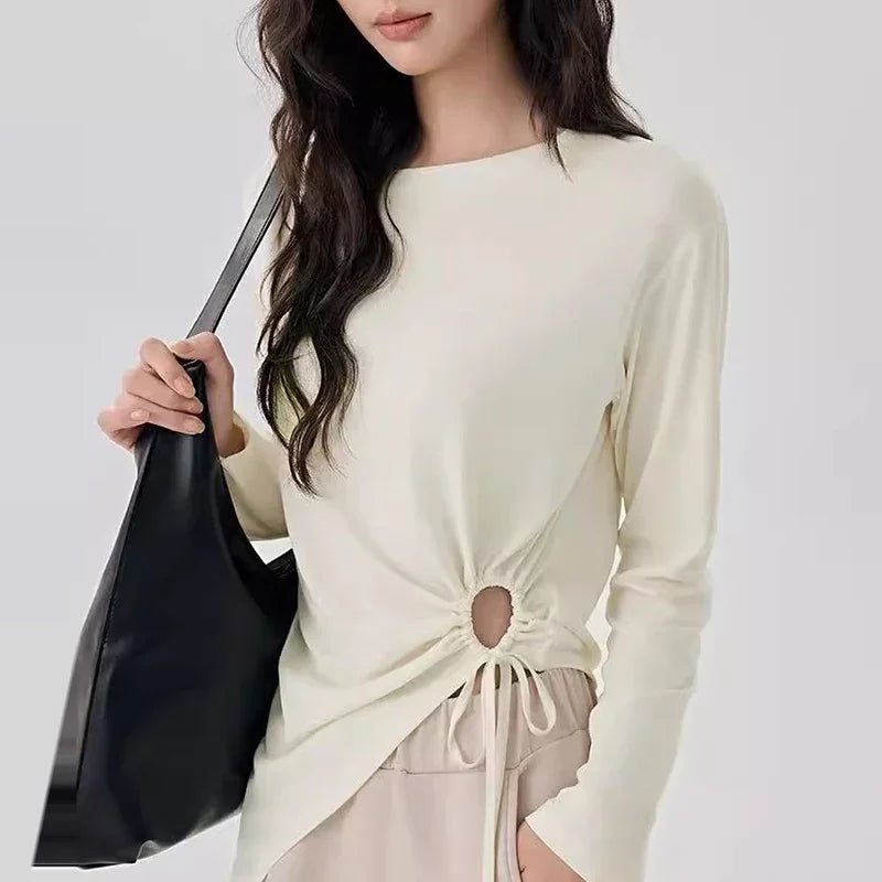Women's Slimming Long-Sleeved Yoga Suit Sports T-Shirt with Drawstring Waist for Pilates Outdoor Fitness Training