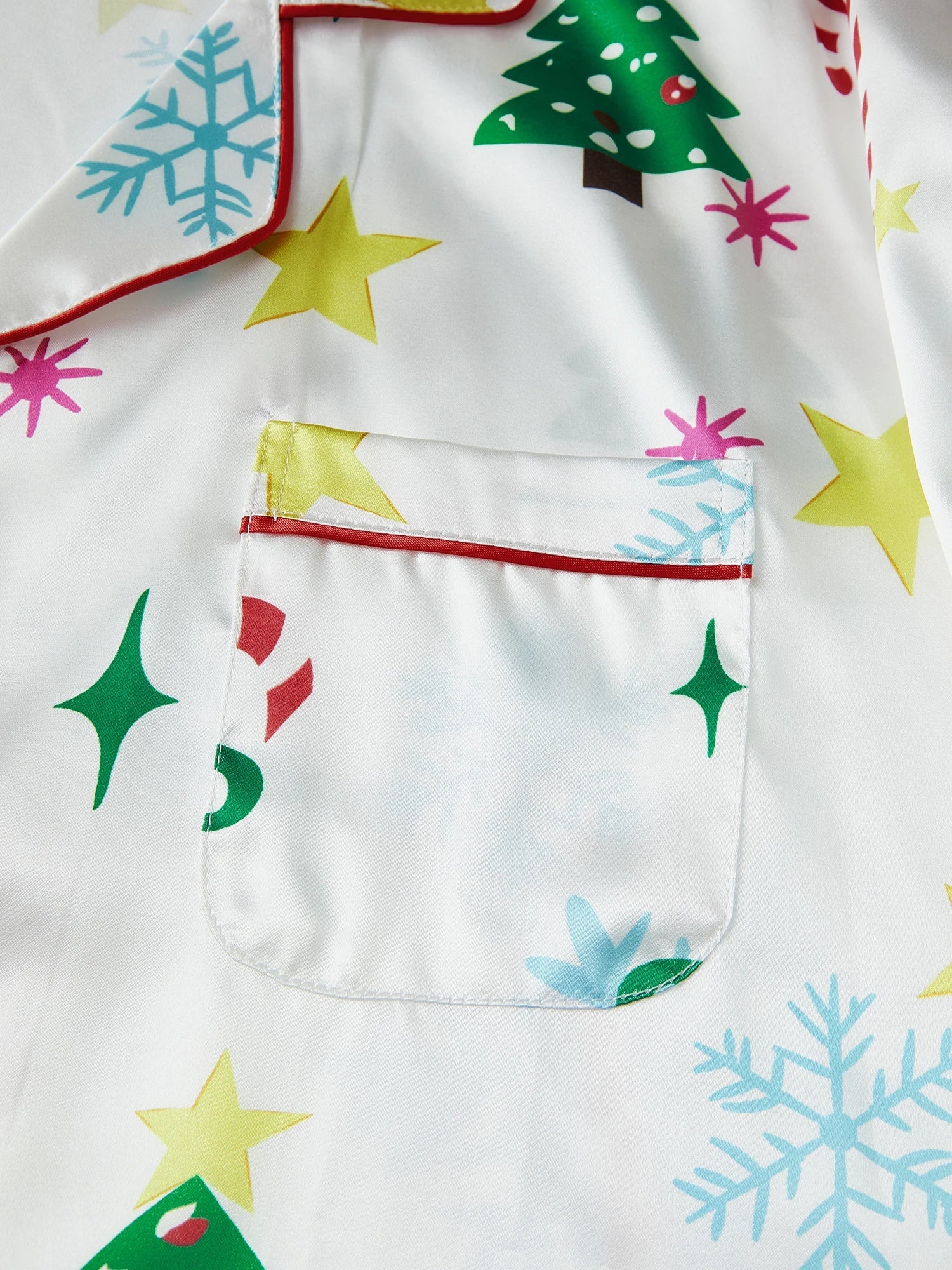 Women's Christmas Satin Pajama Set Long Sleeve Lapel Santa Claus/Christmas Tree Print Shirt Shorts Two Pieces Sleepwear