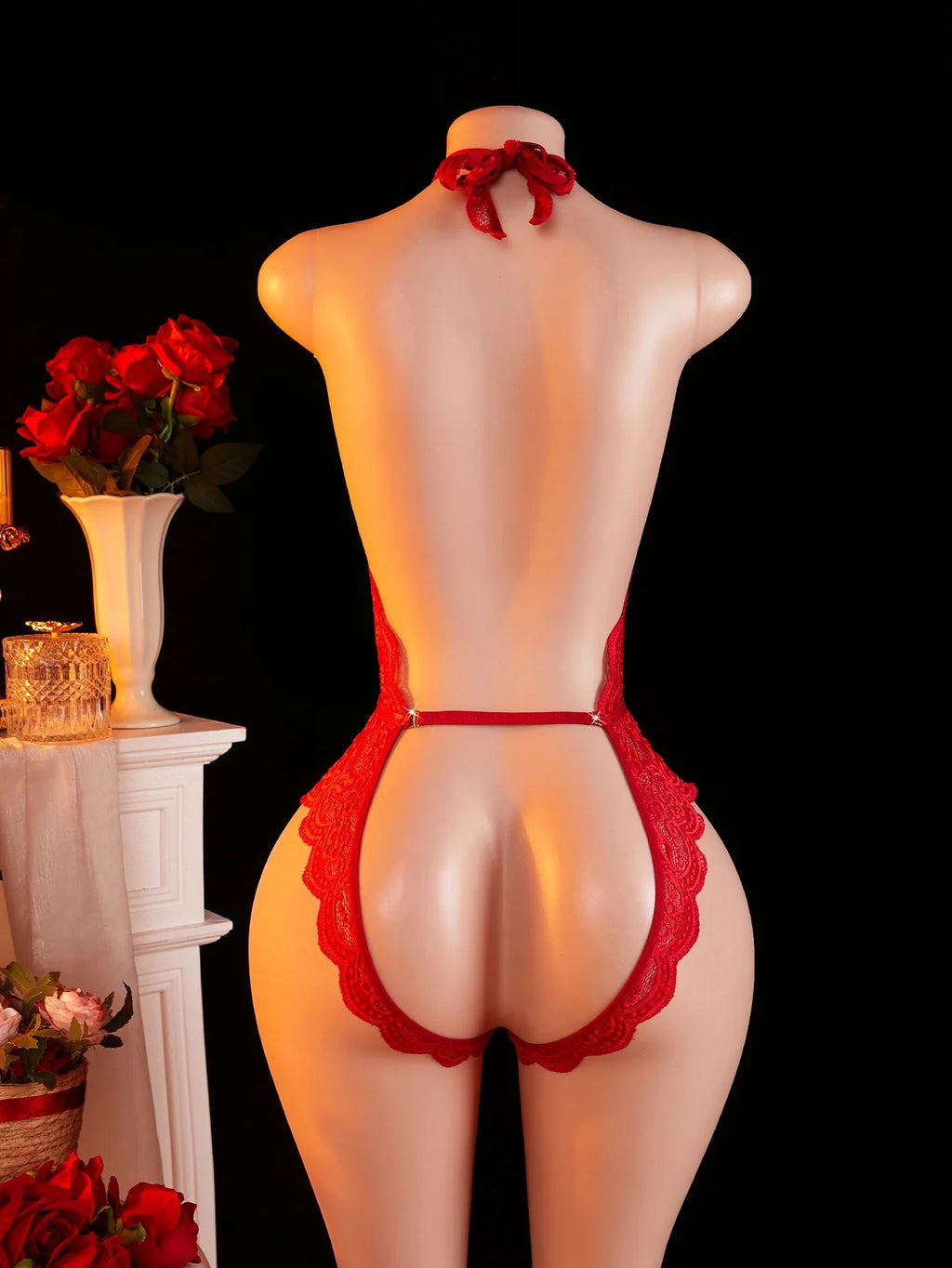 Adult Deep V-neck Hanging Neck Lace Flower Print Lingerie Solid Color Knitted Sexy Backless Underwear Women's Jumpsuit Clothing