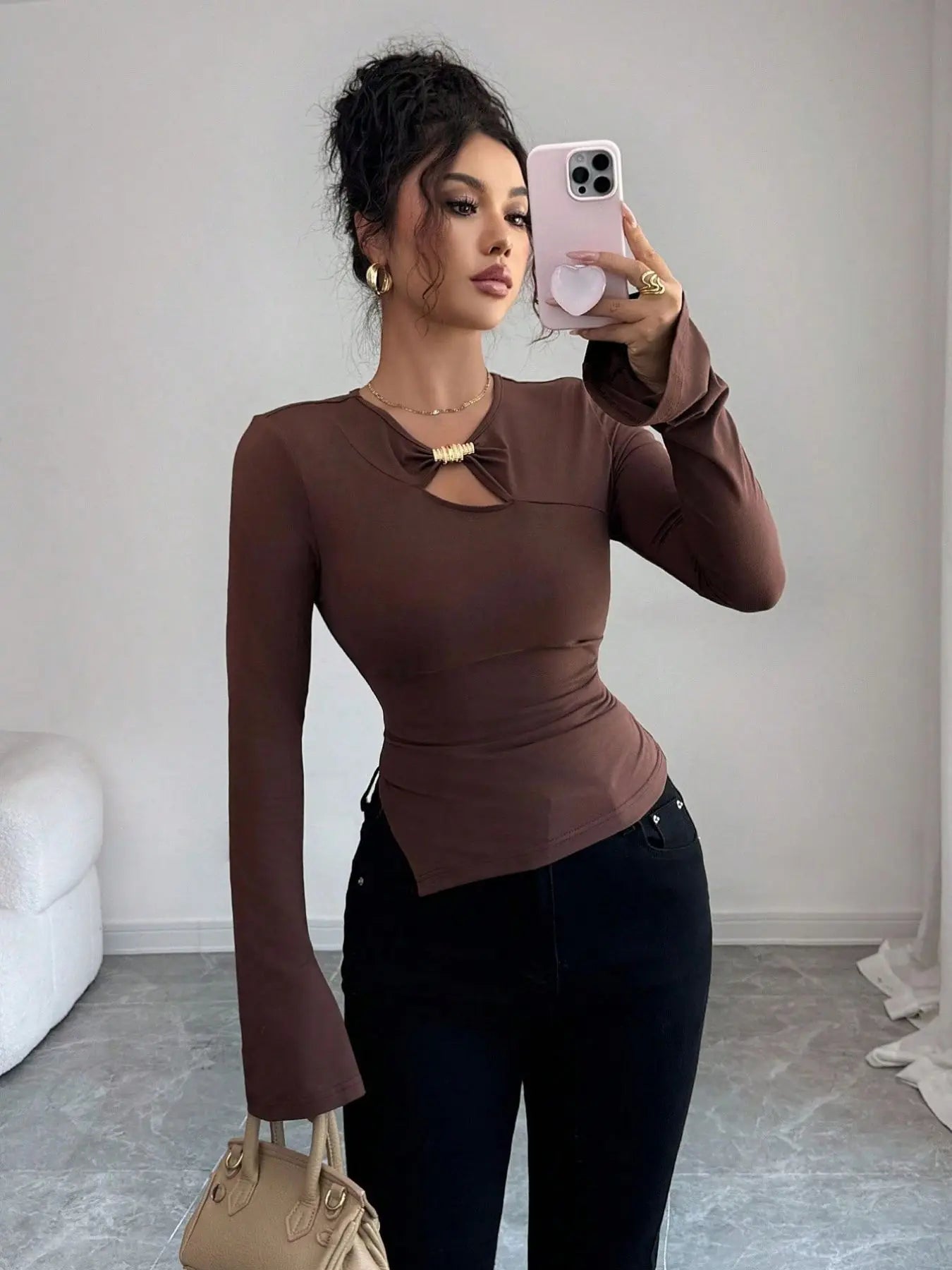 Autumn and winter inner asymmetrical hollow metal decoration slim fit daily outer top