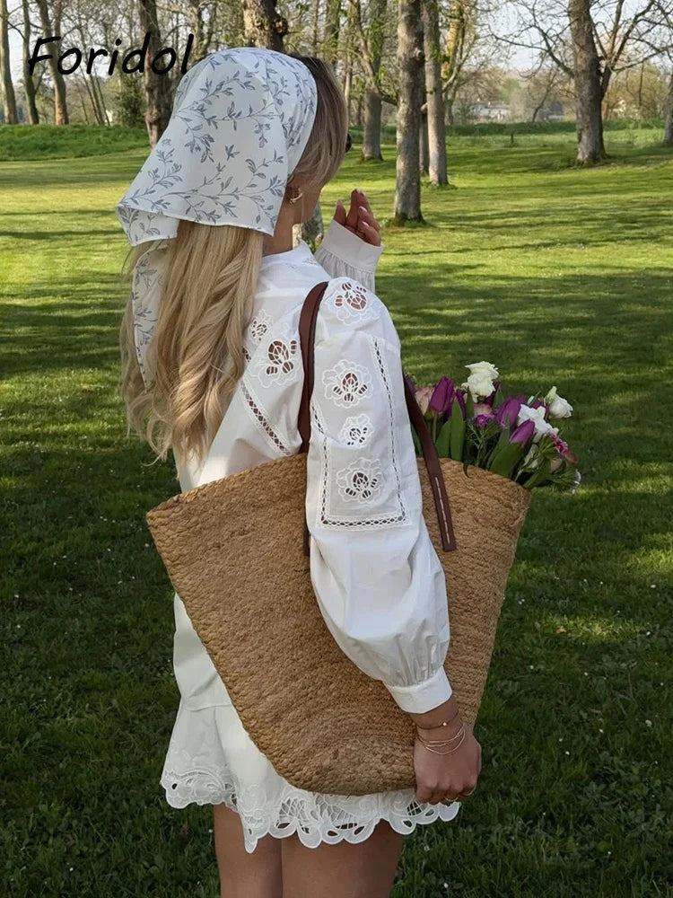 Foridol White Cotton Shorts Set Outfits Women Hollow Out Embroidery Two Pieces Set Outfits Shirt Shorts Matching Set Summer