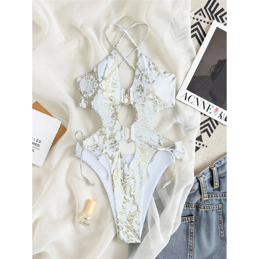 XS - L New Snake Skin U Neck Cut Out One Piece Swimsuit Women Swimwear Female Cross Back Monokini Bather Bathing Suit Swim V7990