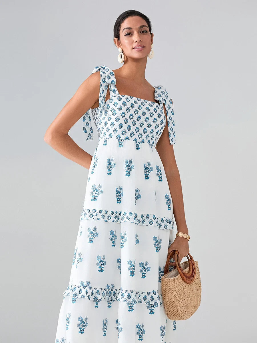 Flower Print Tie Strap Swing Dress Women A-Line Square Neck Tiered Ruffled Summer Bohemian Beach Long Tank Dress