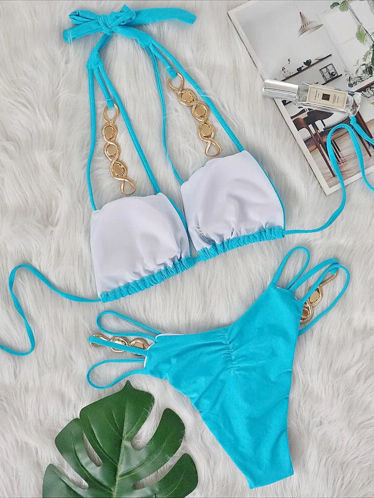 Sexy Halter Jewelled Diamond Bikini Women Swimsuit Female Swimwear Two-pieces Bikini set High Cut Bather Bathing Suit Swim Lady