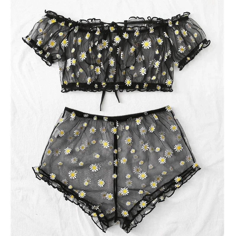 Mesh Floral Printed Off Shoulder 2Pcs Lingerie Set for Women Sexy Underwear Transparent Tops+Shorts Panties Exotic Sets