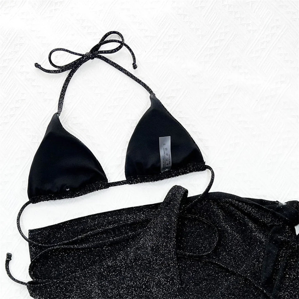 Glitter Sparkling Wrap Around Bikini Women Swimwear Female Swimsuit Three-piece Bikini set Sarong Bather Bathing Suit Swim V3679