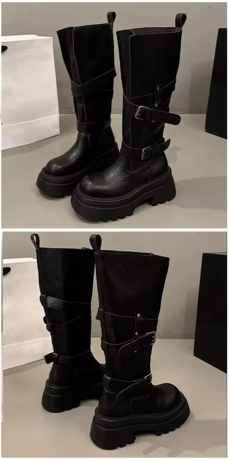 2026 New Vintage Thick Bottom Woman Knee High Boots Fashion Belt Buckle Zippers Shoes Female Knight Long Booties Shoes