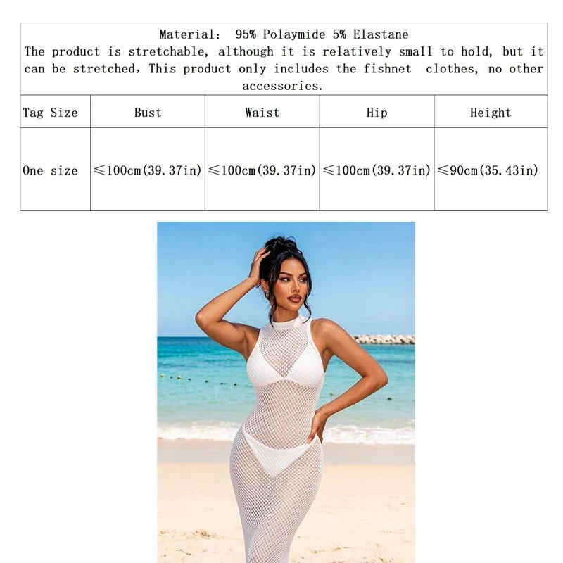 Fishnet Women Sexy Beach Cover Up Dress Women Stretch See Through Sleeveless without Bikini Swimsuit Coverup Mini Beachwea
