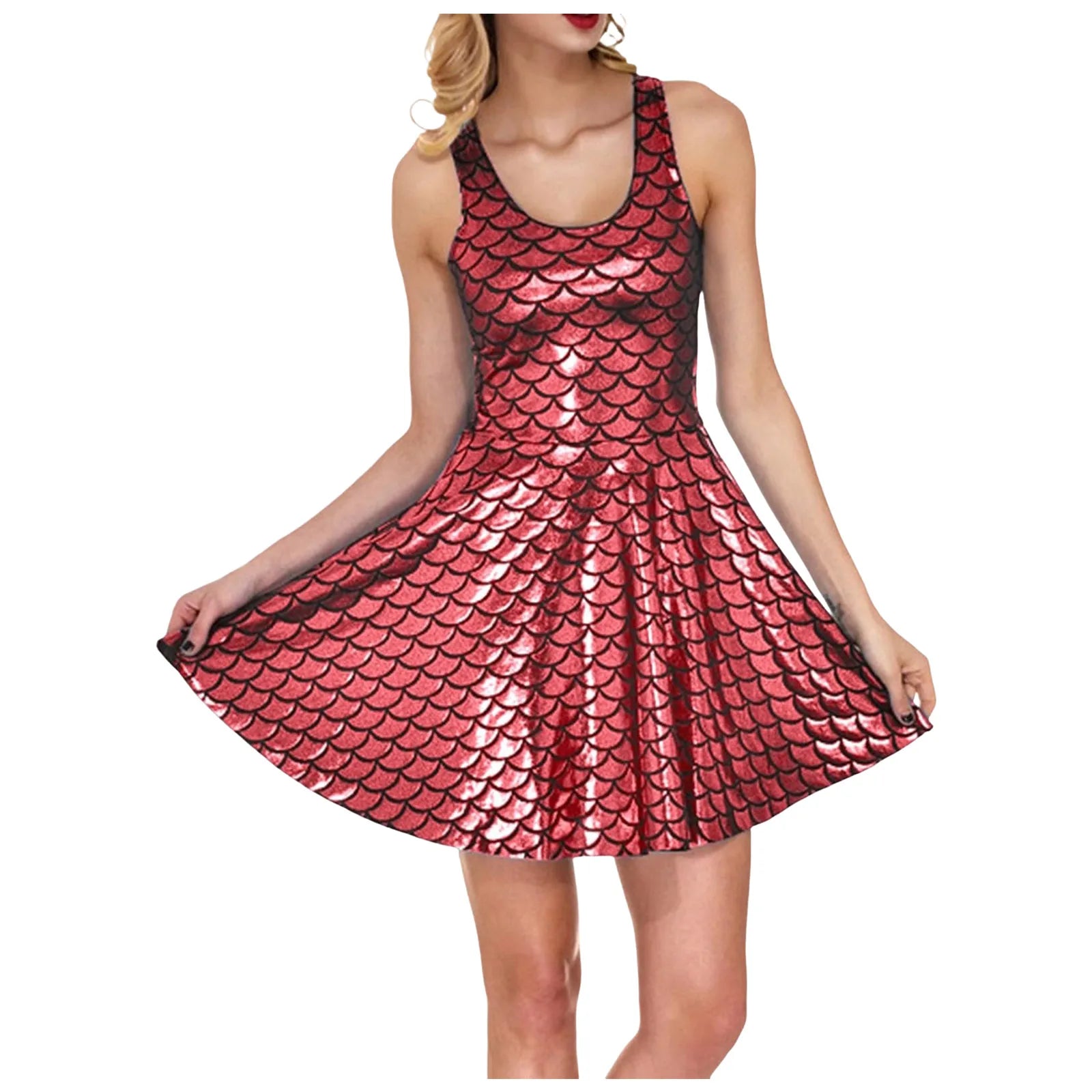 Cocktail Dress Womens Glitter Costume Party Dresses Swing A Line Metallic Shiny Festival Outfit Cosplay Fish Scale Vestidos