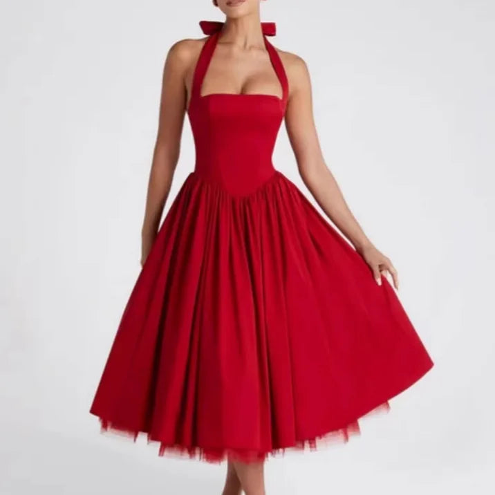 French Style Backless Cross-strap Halter Neck Dress For Women With Hard Mesh Panels Waist-cinching Pleated Large Hem Casual FYR0