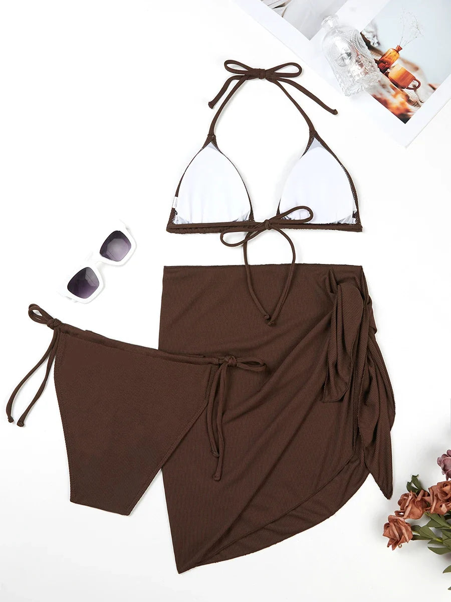 3 Pieces Triangle Halter String Bikini 2026 Solid Swimwear Female Sexy Swimsuit Women Bathers Bathing Swimming Swim Suit