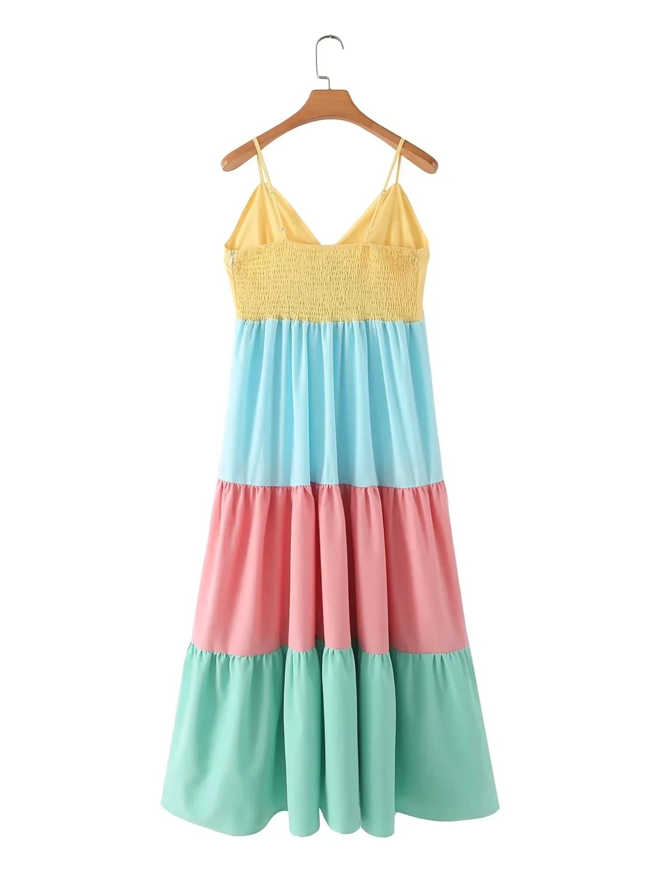 Foridol Multicolor Patchwork V Neck Sundress Smocked Strap Sleeveless A-line Female Midi Casual Summer Women Vestidos 2025