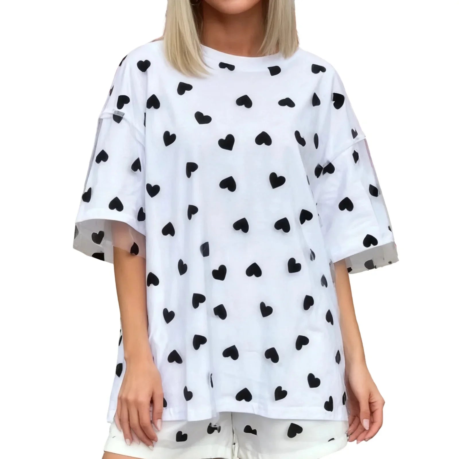 Summer T-Shirt Women Casual Loose Fit Stylish Love Heart Print Crew Neck Short Sleeve Tops