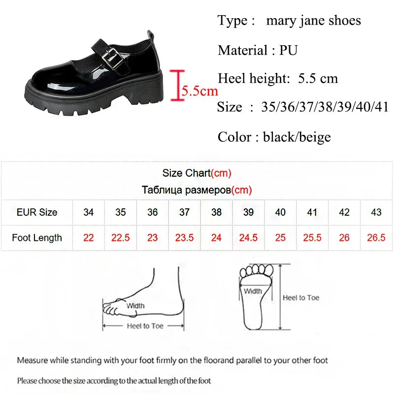 Patent Leather Thick Sole Mary Jane Shoes Women 2025 Ankle Buckle Platform Pumps Woman Round Toe High Heel Lolita Shoes Female