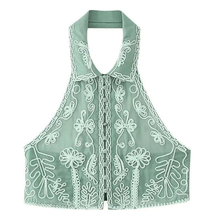 Women's Fashionable Lapel Embroidered Backless Shorts Set J25E