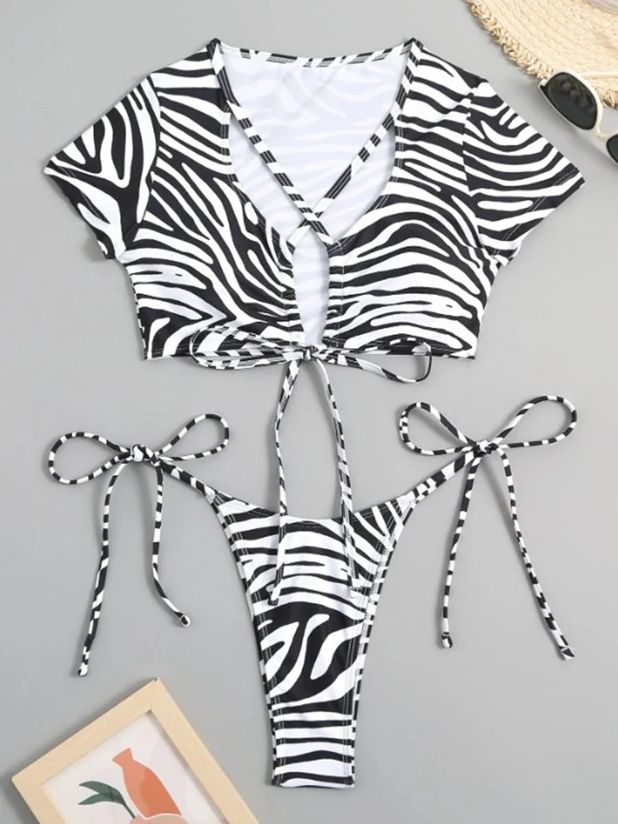 2026 Zebra-stripe Bikinis Women Cross String Swimsuit Swimwear Female Bathers Bathing Swimming Swim Suit Summer Beachwear