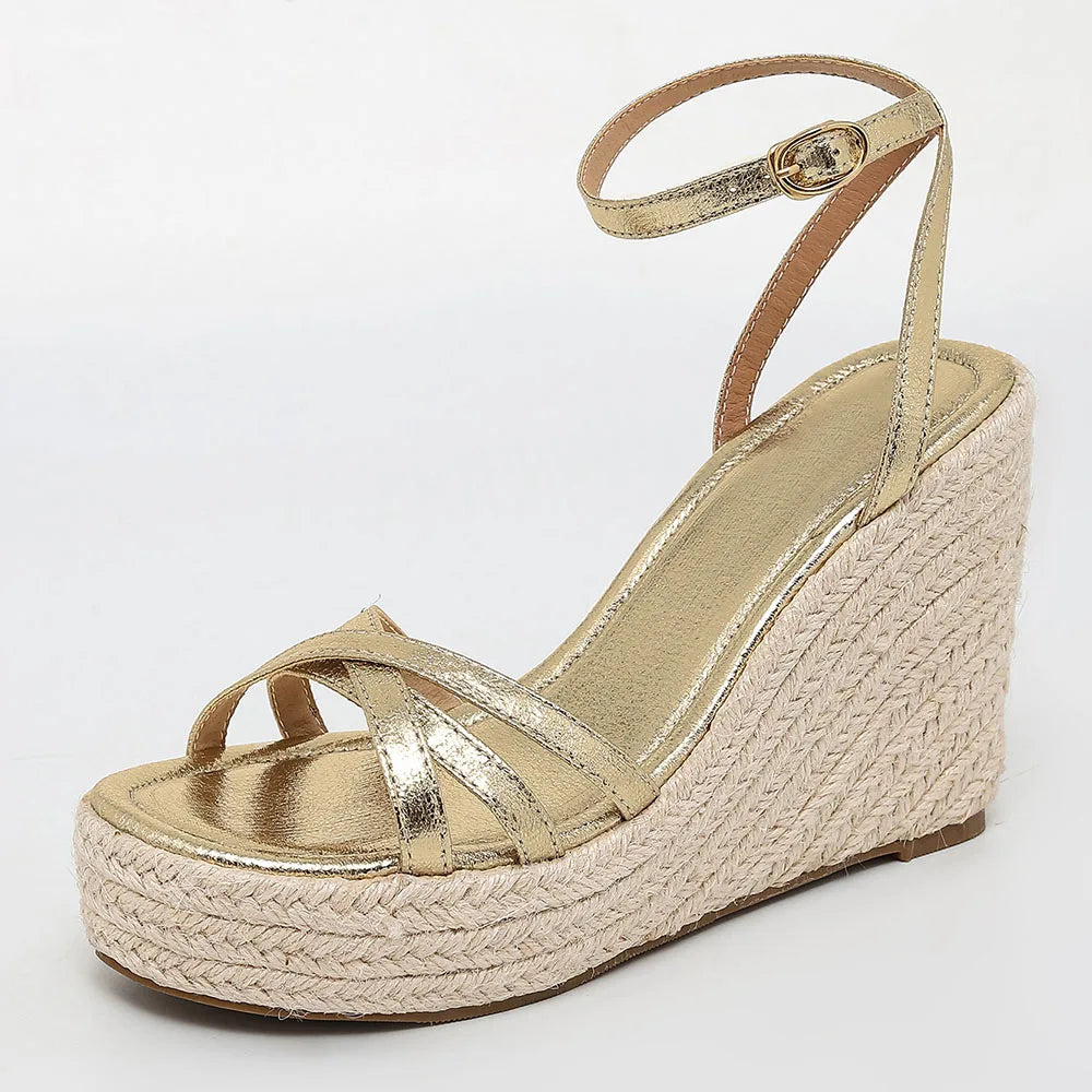 Comfy Walk Big Size 43 Summer Rome Espadrilles Sandals Women Ankle Strap Sandals High Heels Wedges Shoes Gold Platform Sandal