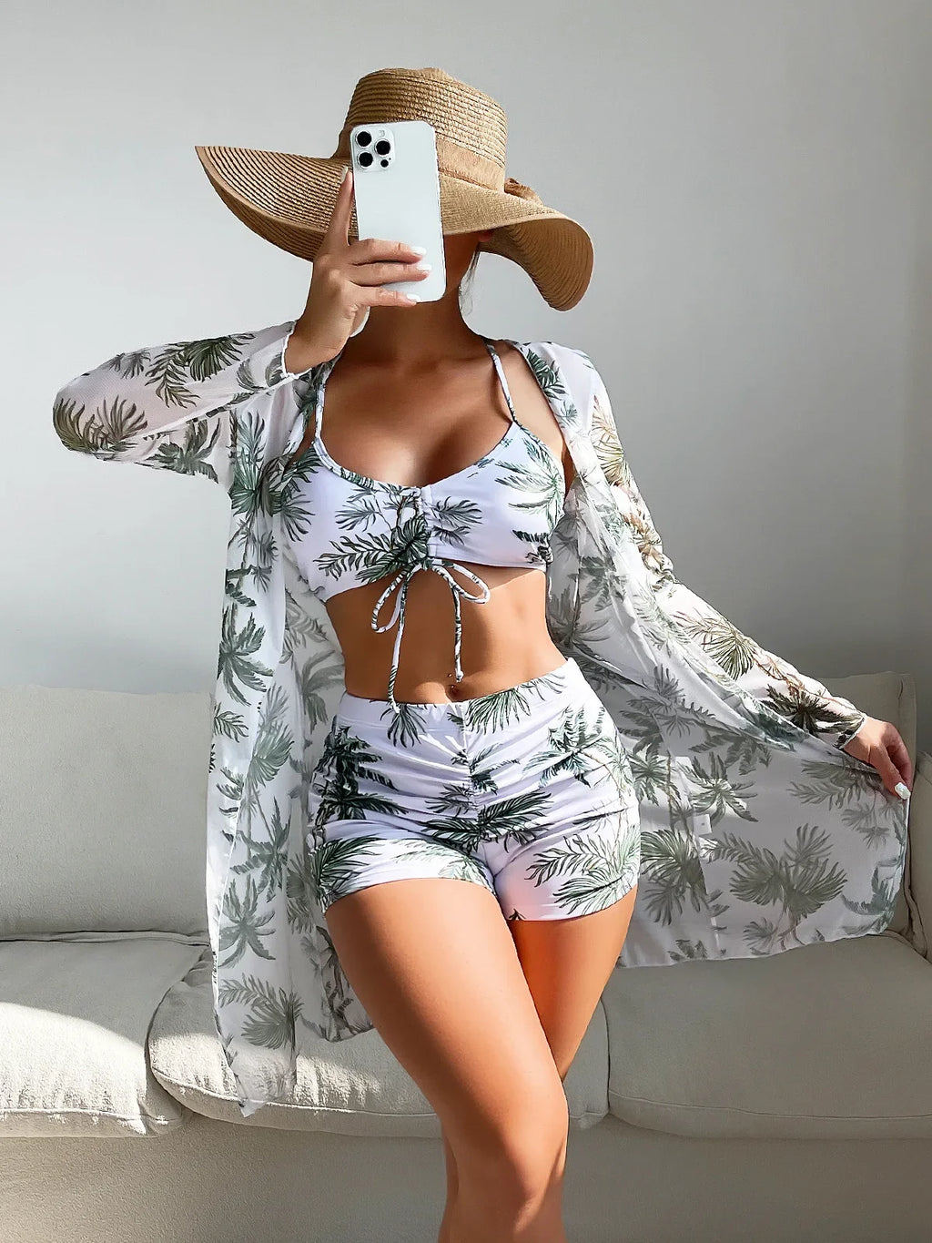 New Sexy 3 Pieces Suit for Women Neck Hanging Bikini Set+Cover-up Swimwear Sunproof Tankini High Waist Shorts Swimsuit Beachwear