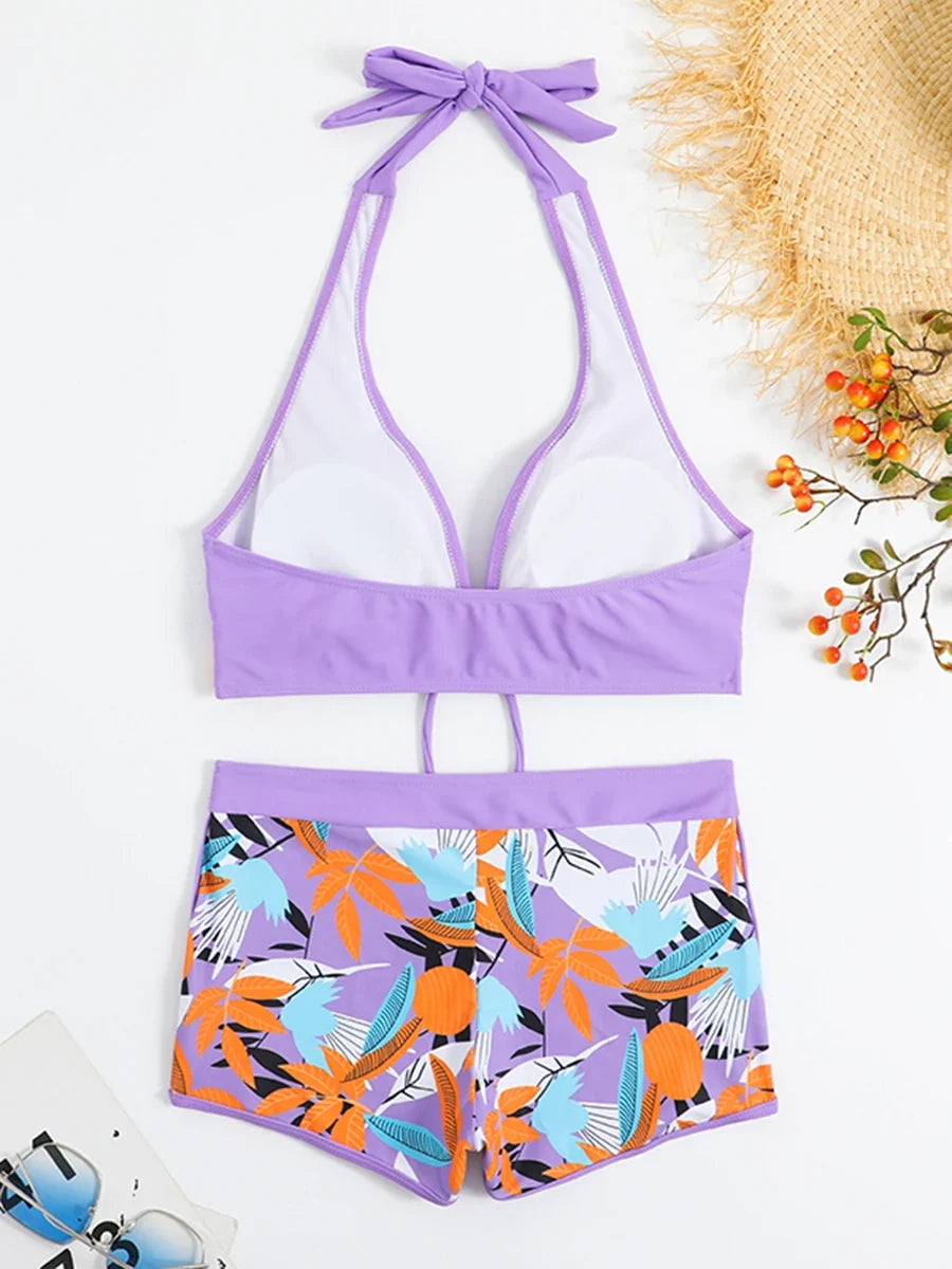 Halter Bikinis 2026 Women Printed Swimsuit Shorts High Waist Swimwear Female Bathers Swimming Bathing Suit Summer Beachwear