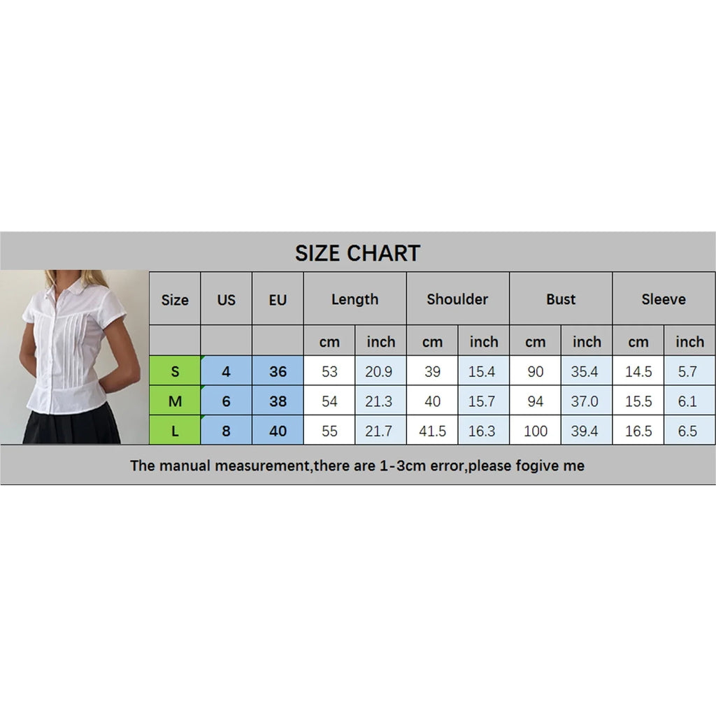 Women's Summer Slim Fit Shirt Solid Color Short Sleeve Lapel Button Down Pleated Tops Streetwear