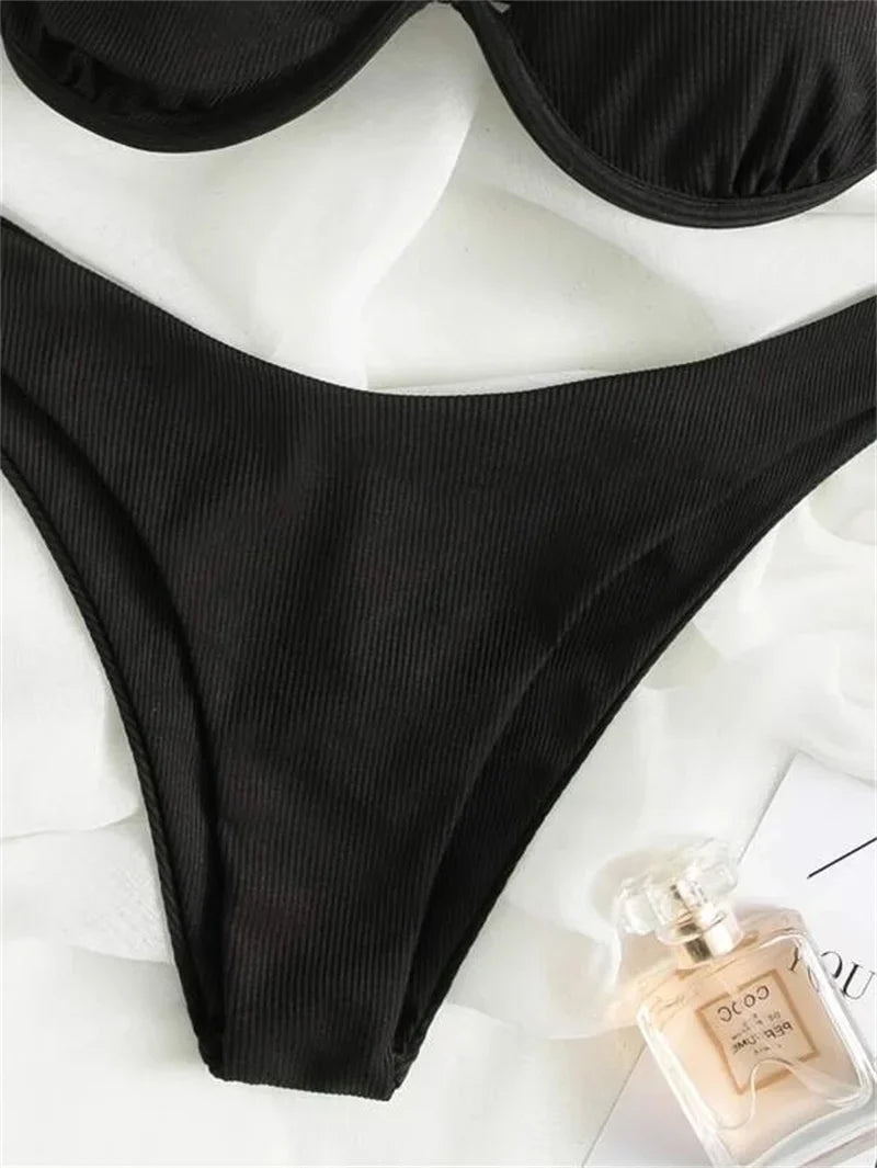 Sexy One Shoulder Bikini Set 2025 Women Red Black Push Up Underwire Micro Swimsuit Brazilian Cut Out Bathing Suit Thong Swimwear