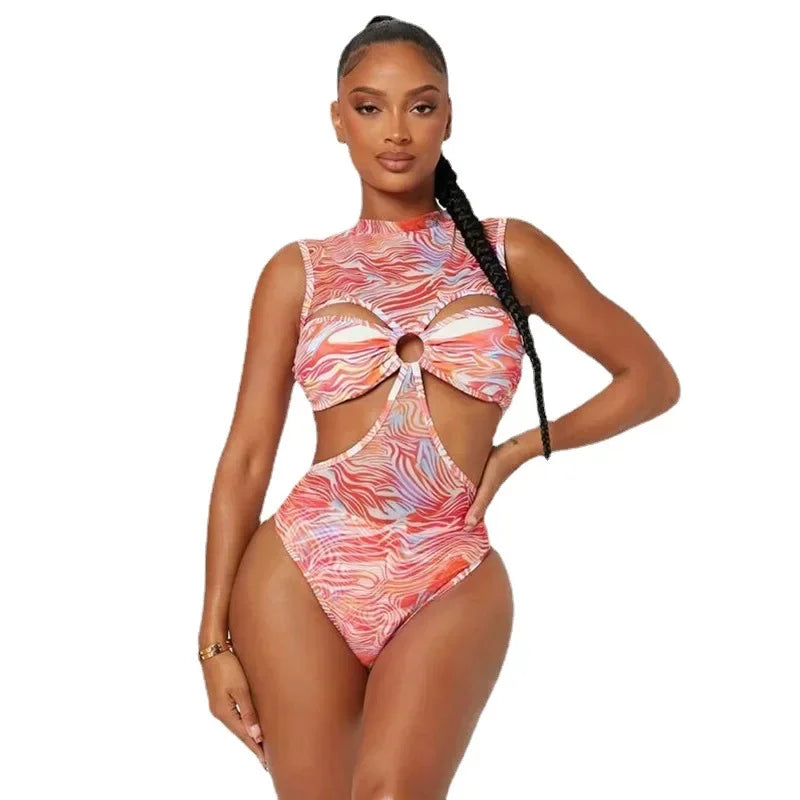 2026 New Sexy One Piece Swimsuit Swimwear Women Gradient Print Hollow High Waist Highly Elastic One-piece Bathing Suit Beachwear