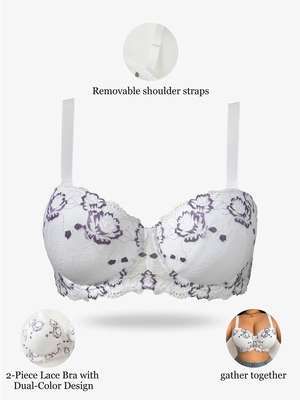 Floral Plus Size Women Bra Lace & Embroidery Push up Bra Comfort Thin Cup Underwire Support Lingerie Bra