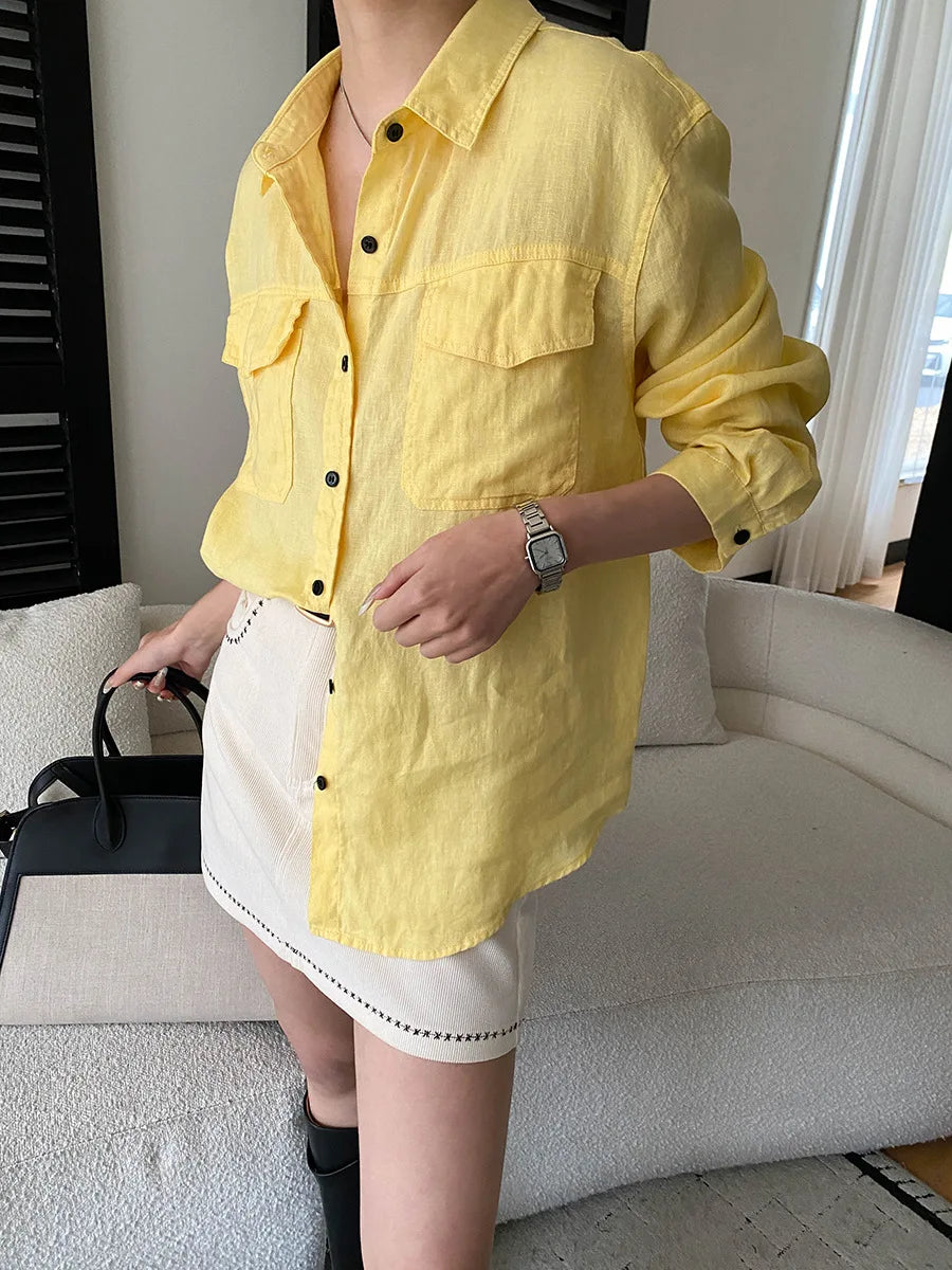 Women White Linen Blend Button Down Shirt Turn Down Collar Chest Pocket Loose Fit Blouse For Summer And Vacation Outfit KY7U