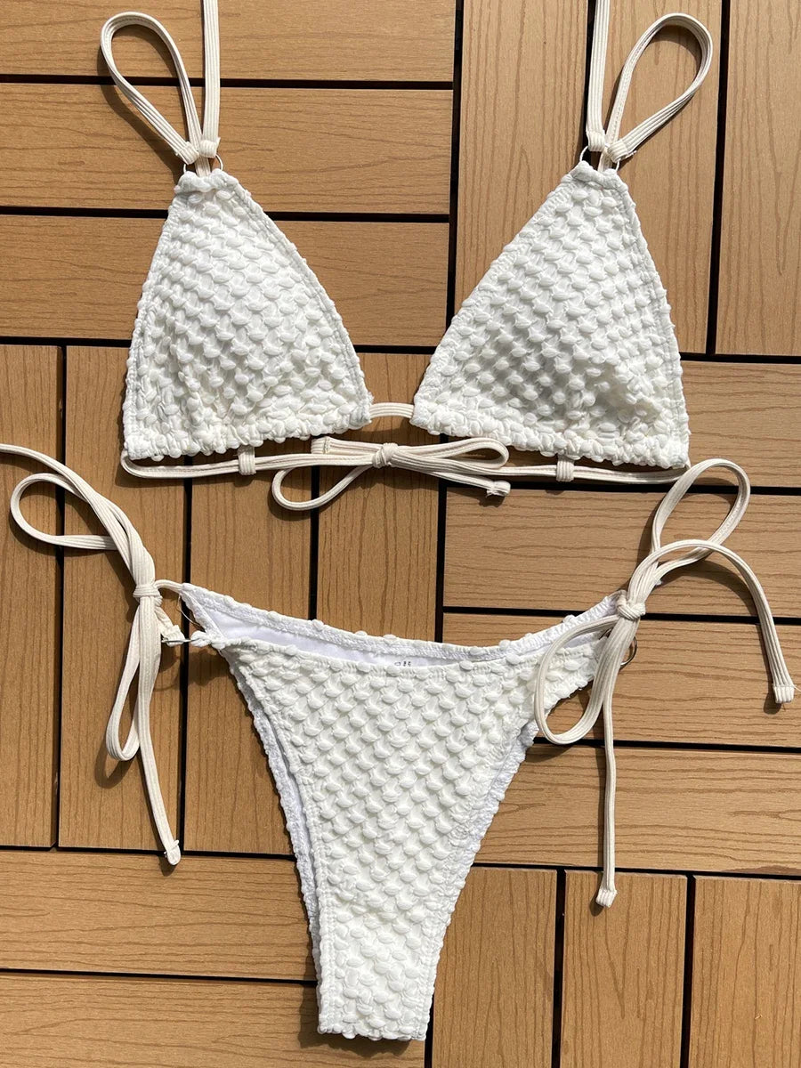 Sexy Wrinkled Strappy Halter Bikini Female Swimsuit Women Swimwear Two-pieces Bikini set Tie Side Bather Bathing Suit Swim Lady