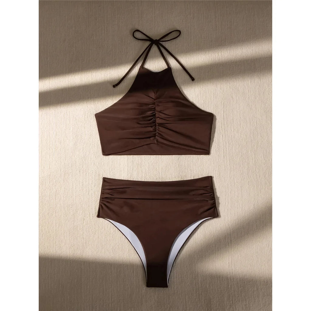 Halter Wrinkled High Neck Female Swimsuit High Waist Bikini Women Swimwear Two-pieces Bikini set Bather Bathing Suit Swim K5616