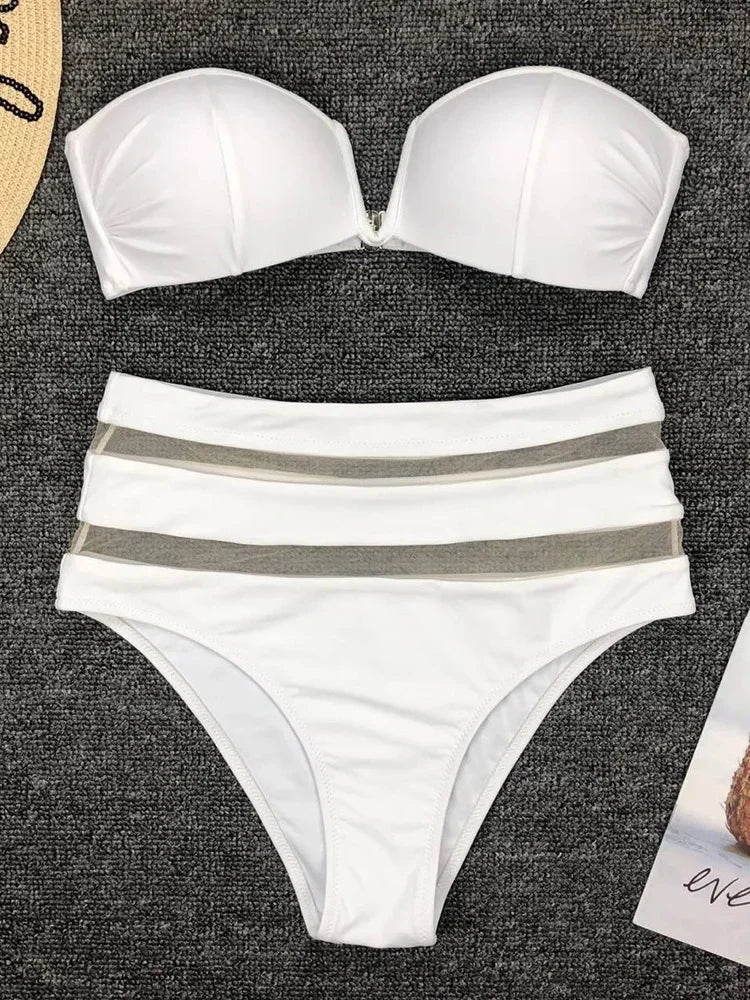 Sexy Bra Cup Bandeau Bikinis High Waist Bikini Women Swimsuit Female Swimwear Two-pieces Bikini Set Mesh Bathing Suit Swim Lady