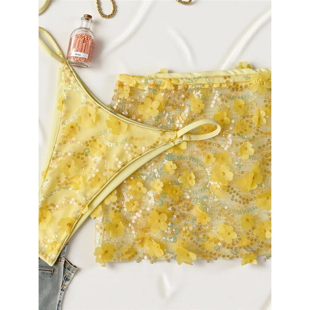 S - XL Three-pieces Bikini set With Skirt Flowers Sequins Bikini Female Swimsuit Women Swimwear Bather Bathing Suit Swim V7864