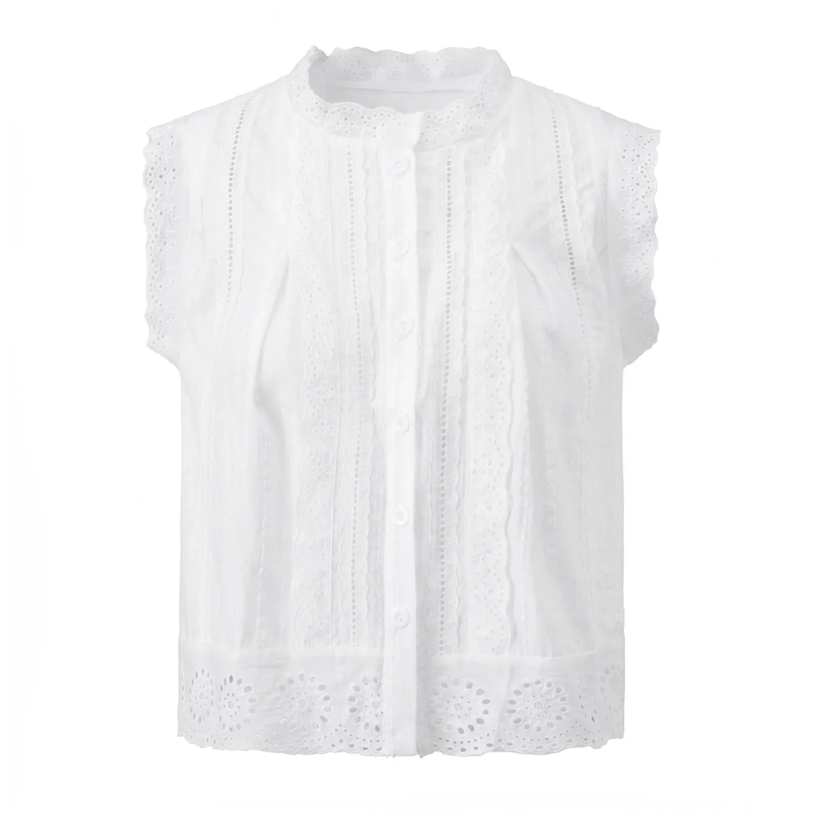 Summer Women’s Button Down Eyelet Tops Solid Color Sleeveless Round Neck Lace Trim Shirts Daily Casual Blouse Summer