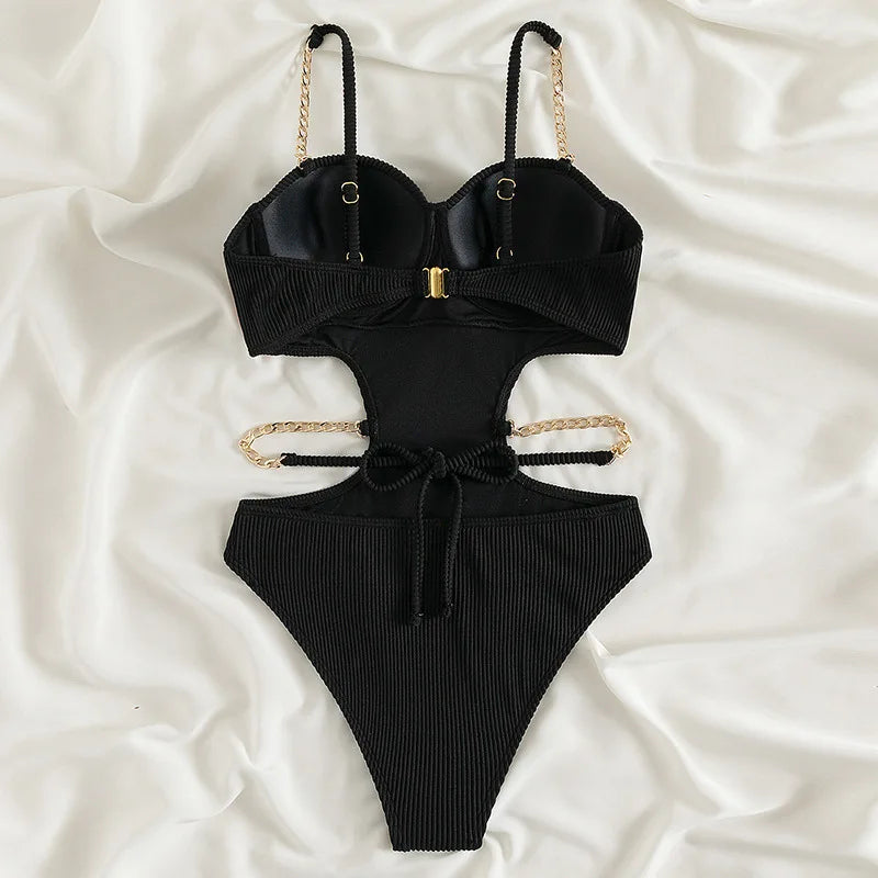 Sexy Push Up Underwire One Piece Swimsuit Women Solid Pink Metal Chain Hollow Out Ribbed Bathing Suit Backless Swimwear Monokini