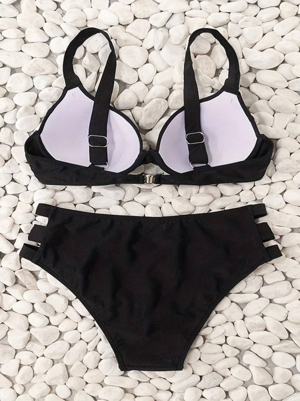 Solid Color Black Two Piece Swimsuit for Women Sexy Underwire V-neck Suspender Backless Bikini Set High Waist Beach Swimwear
