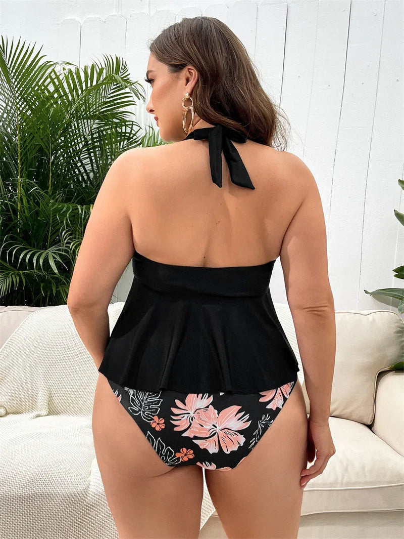 VigoJany 2026 Black Verge Plus Size Tankini Women Tied Halter Push Up Big 2 Piece Swimsuit High Waist Beach Large Bathing Suit