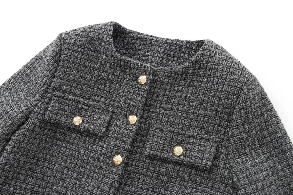 Foridol Tweed Knitted Dark Grey Blazer Coat Women Autumn Winter Gingham Short Coat Office Lady Vintage Buttons Veste