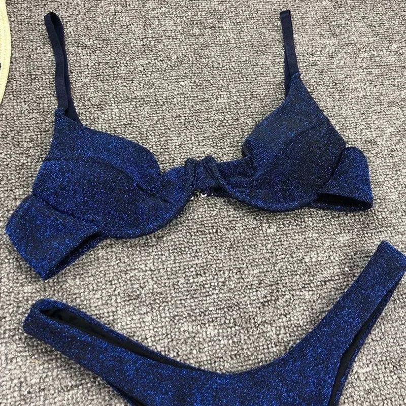 Glitter Shiny Underwired V-Bar Bikini Women Swimsuit Female Brazilian Swimwear Two-piece Bikini Set Triangle Bathing Suit Swim
