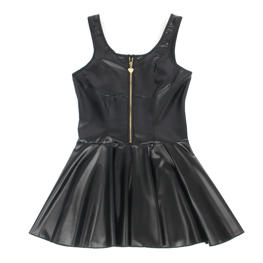 Black PU Leather Wide Strap Mini Dress for Women Heart Zipper Sexy Night Out Clubwear Plus Size Faux Leather Bodycon Babydoll