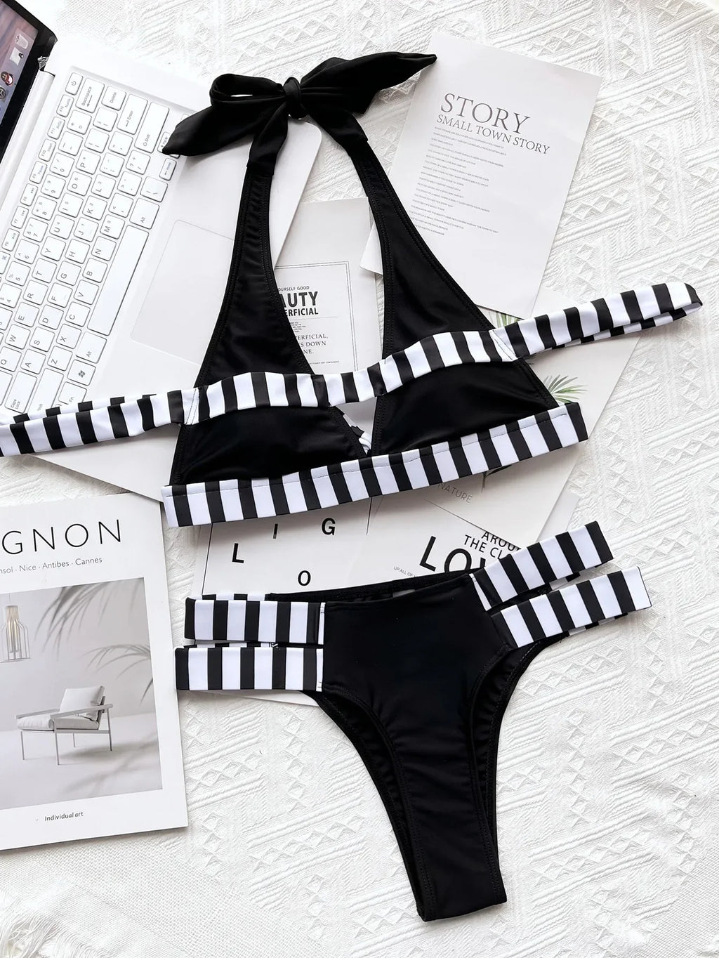New Sexy Bikini Women Swimwear Swimsuit Striped Patchwork Hollow Halter Knotted High Waist Bikinis Set Bathing Suit Beach Bikini