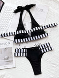 New Sexy Bikini Women Swimwear Swimsuit Striped Patchwork Hollow Halter Knotted High Waist Bikinis Set Bathing Suit Beach Bikini