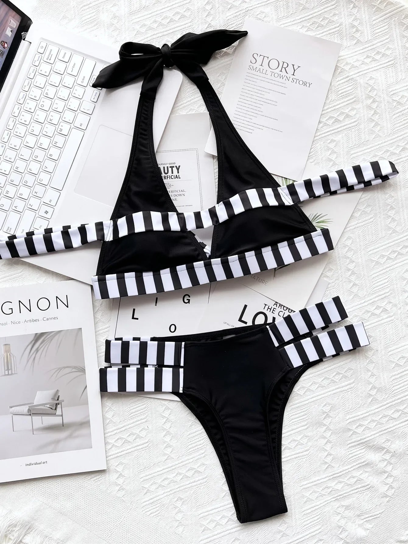 New Sexy Bikini Women Swimwear Swimsuit Striped Patchwork Hollow Halter Knotted High Waist Bikinis Set Bathing Suit Beach Bikini