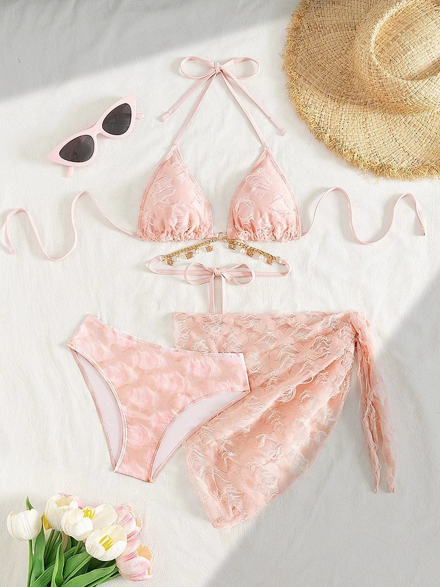 DEKA Pink Bikini Set Women Sexy 3-Piece Swimsuit Metal Chain Satin Female Swimwear New Fashion Korean Bathing Beachwear Holiday