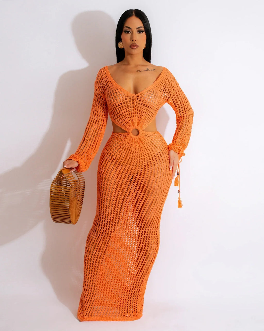 DEKA Women Knitted Backless Cover Up Swimsuit Long-sleeved Crochet Hollow Out Dress Summer Beach Vacation Outfit Beach Dress