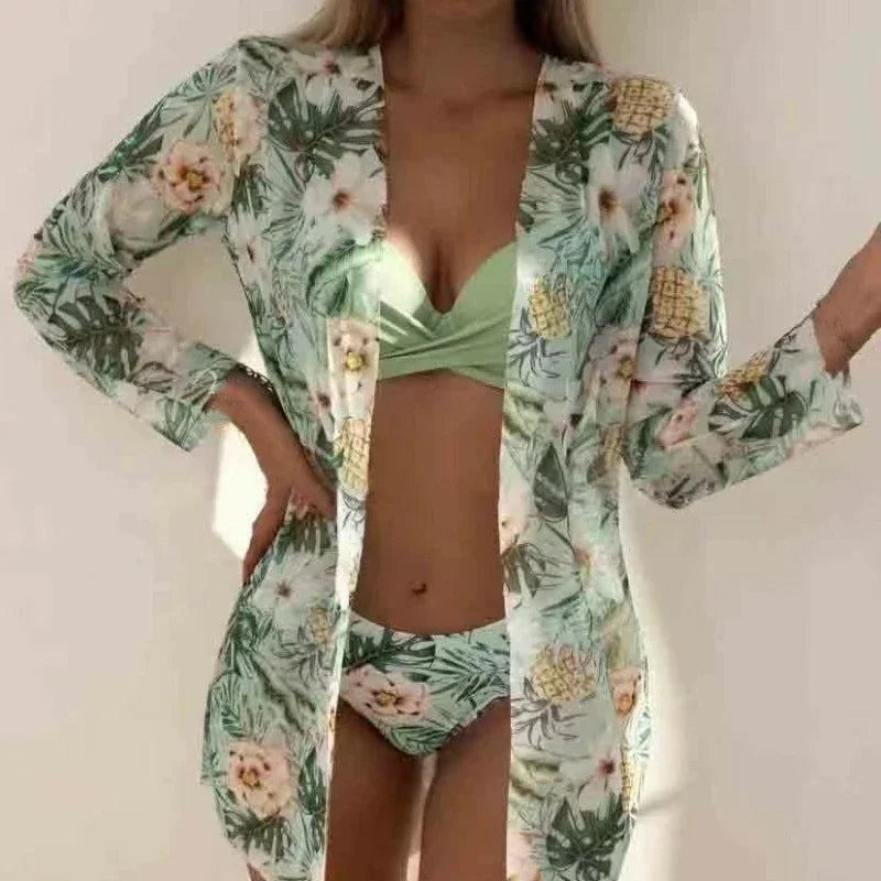 Boho Style Women's 3 Pieces Swimsuit Floral Bikini Set+Long Sleeve Cover-Up Swimwear Sexy Low Waist Tankinis Beachwear Holiday