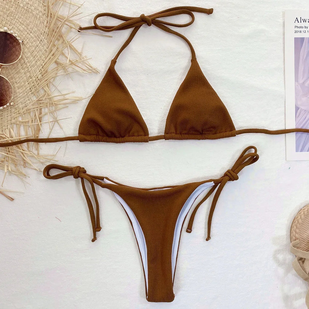 5 Colors Sexy Bikini Women Solid Swimwear Swimsuit Triangle Halter Pit Striped Bikinis Set Bathing Suit Female Banadores Mujer