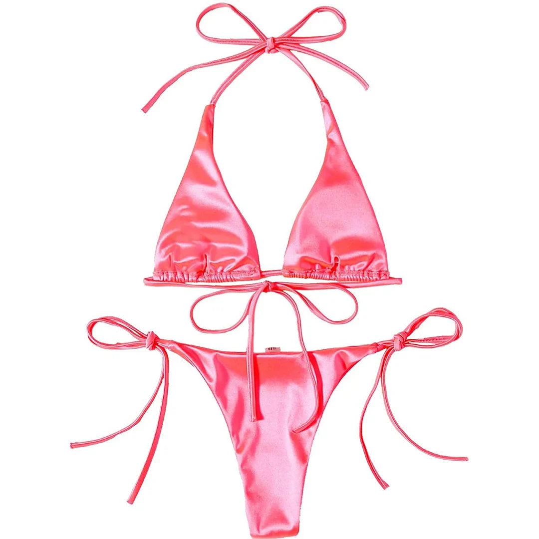 Sexy 13 Colors Halter Satin Brazilian Bikini Women Swimwear Female Swimsuit Two-pieces Bikini set Bather Bathing Suit Swim V4966