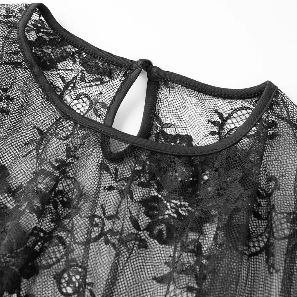 Women Solid Color Lace Tops Crew Neck Flower Cover-up Summer Sheer Tops Clubwear for Casual Daily