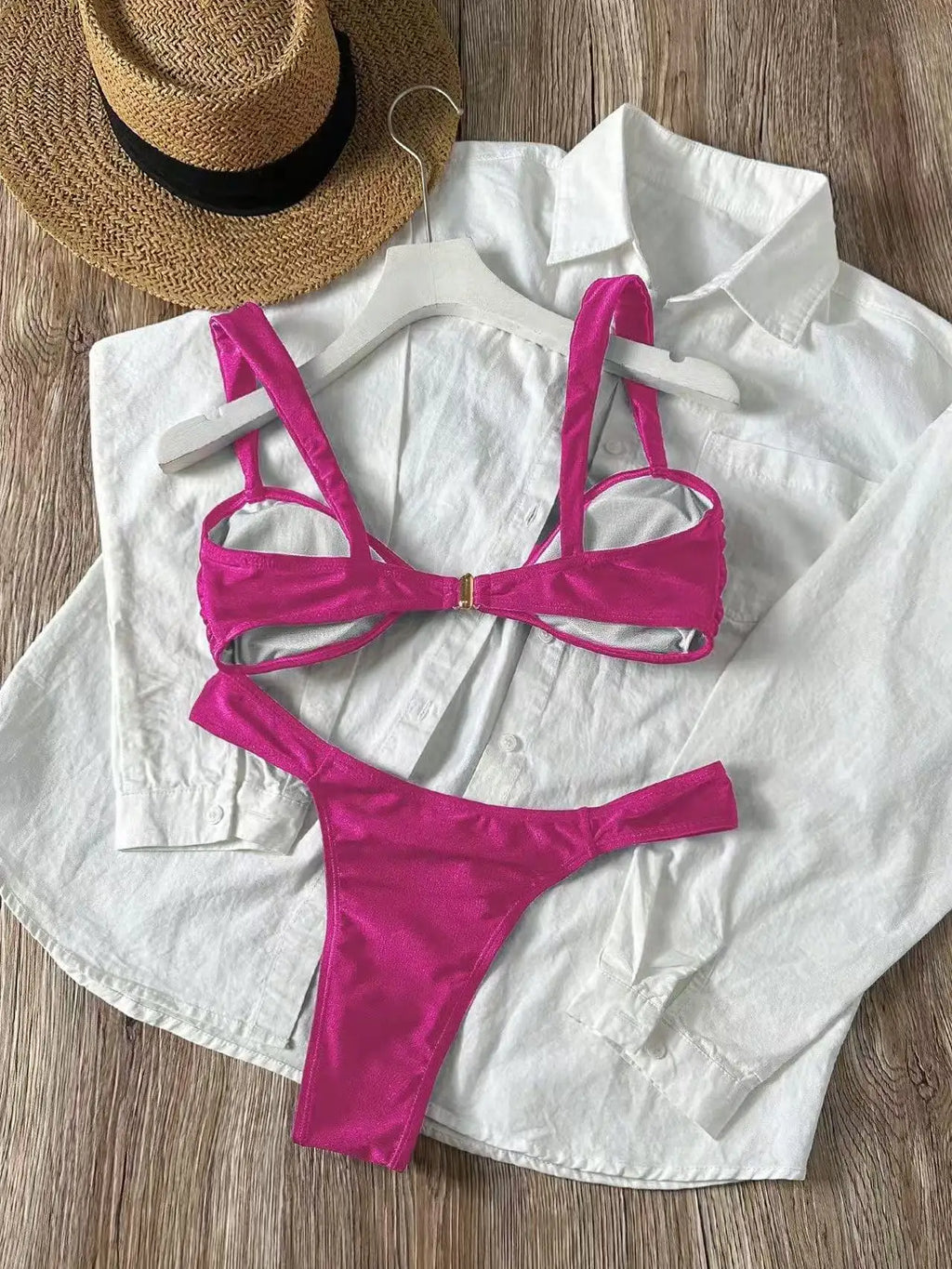 Sexy Metal Shell Ornament Bikini Set 2026 Women Hot Pink Pleate Push Up Bra Thong Swimsuit Summer Bathing Suit Micro Swimwear